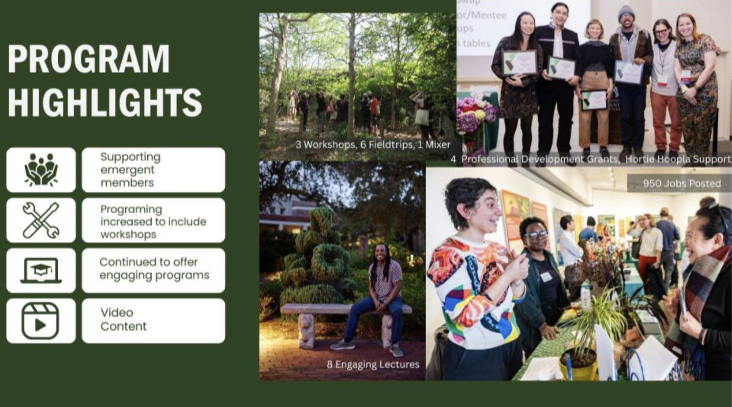 A collage depicting various program highlights: a group in a forest, participants receiving awards, and a lively setting with people engaging in discussions, alongside bullet points summarizing key initiatives for the year.