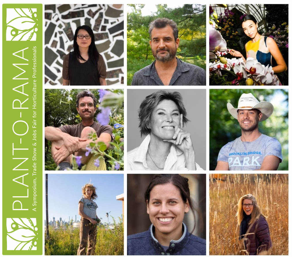 A collage featuring eight individuals associated with horticulture, each portrait showing them in various natural or garden settings, with the title 'PLANT-O-RAMA' and subtitle describing it as a symposium trade show and job fair for horticulture professionals.