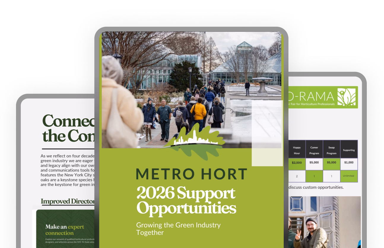 A digital display featuring a flyer titled "METRO HORT 2026 Support Opportunities" surrounded by multiple documents. The flyer highlights support for the green industry, with a background image of people walking outdoors.