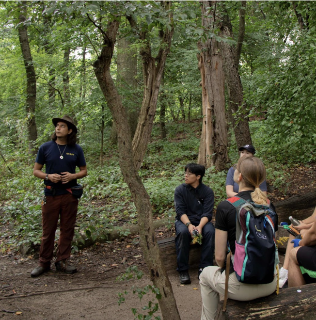 A guide in a dark hat stands among trees, speaking to a small group of individuals seated on a log in a lush green forest. The group appears engaged, while the surroundings feature dense foliage and tall trees.