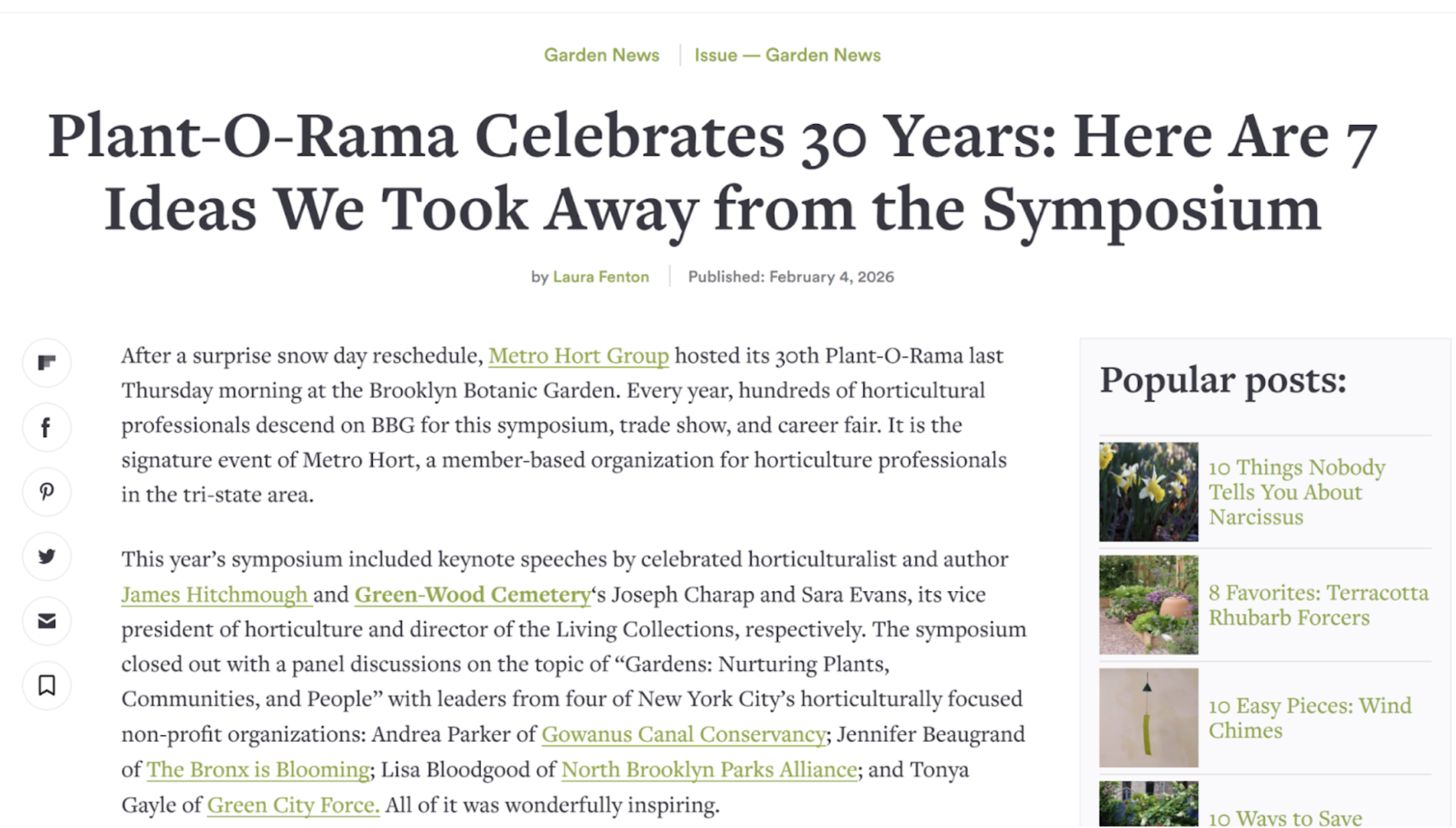 A screenshot of an article titled "Plant-O-Rama Celebrates 30 Years: Here Are 7 Ideas We Took Away from the Symposium," featuring text about horticultural professionals and the Metro Hort Group symposium at the Brooklyn Botanic Garden.