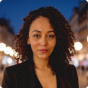 A woman with curly hair stands outdoors in an urban setting during twilight. She wears a black blazer and is centered in the foreground, with blurred city lights in the background, creating a soft and warm atmosphere.