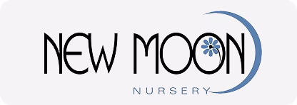 Logo for New Moon Nursery featuring the text 'NEW MOON' in black, stylized typography, accompanied by a light blue crescent moon and a flower design above the letter 'O'. The word 'NURSERY' is written below in smaller, simple letters.